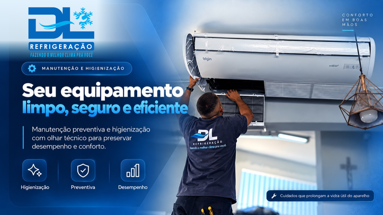 Manutenção e higienização. Técnico da DL Refrigeração realizando a limpeza de um ar-condicionado para preservar desempenho e conforto.