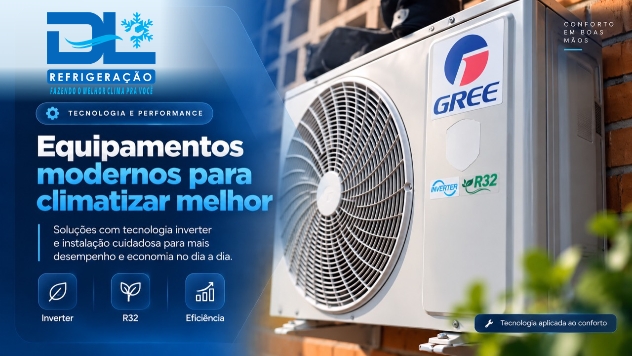 Equipamentos modernos para climatizar melhor. Unidade externa Gree com tecnologia inverter e fluido R32.