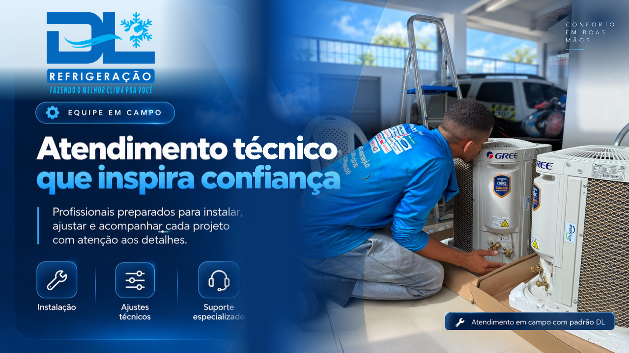 Atendimento técnico que inspira confiança. Técnico da DL Refrigeração ajustando duas unidades externas Gree.